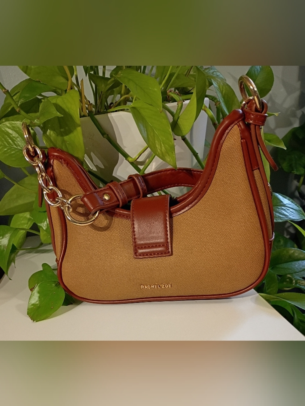 Rachel Zoe Tan Canvas Shoulder Bag with Brown Trim